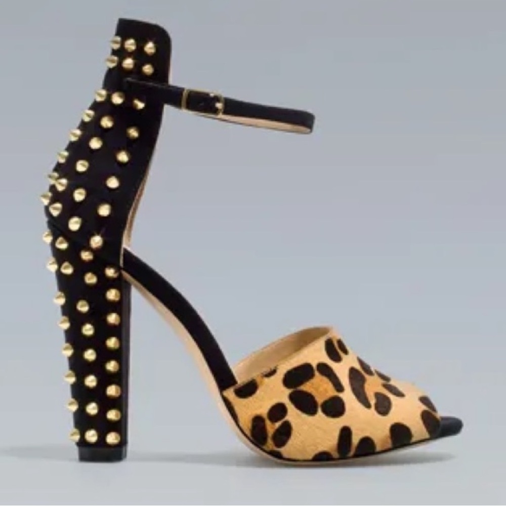 ZARA Leopard Print Gold Studded Ankle Strap
Heels. Size 7.5